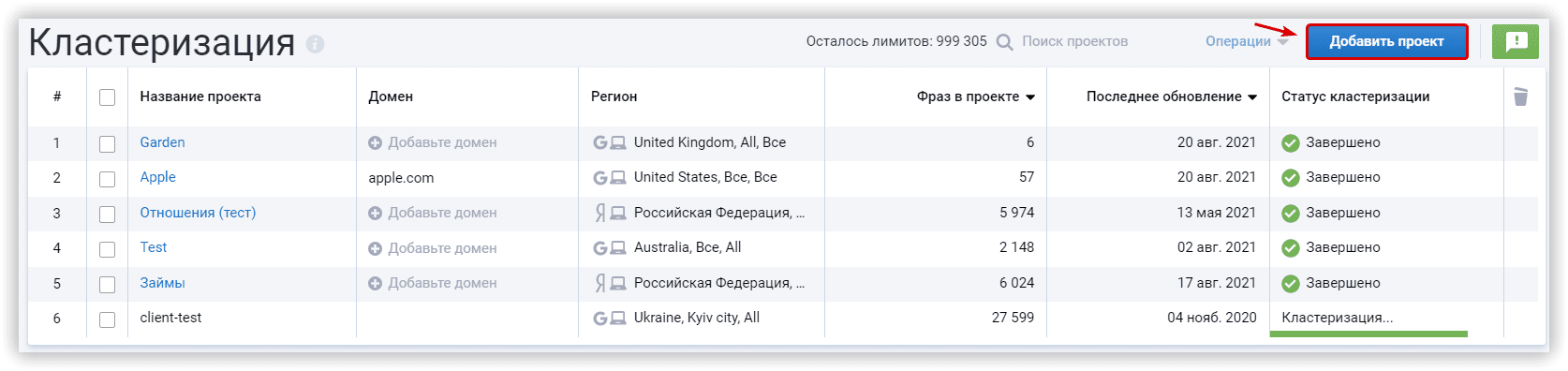 Создать проект в кластеризации